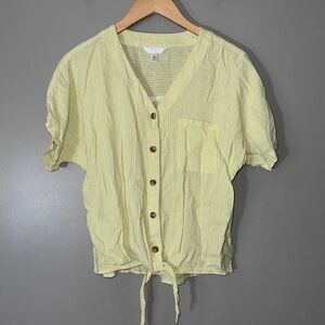 Time and true short sleeve button down tie blouse